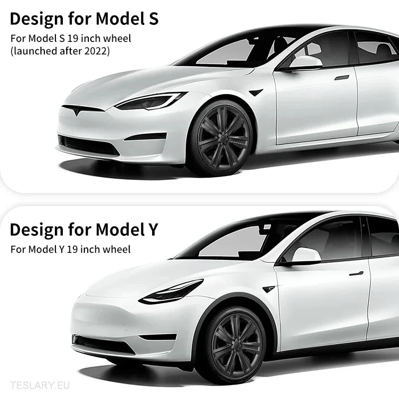 TESLA MODEL Y 19" BLADE STYLE FULL COVER WHEEL HUBS -TESLARY.IE Tesla Shop Europe