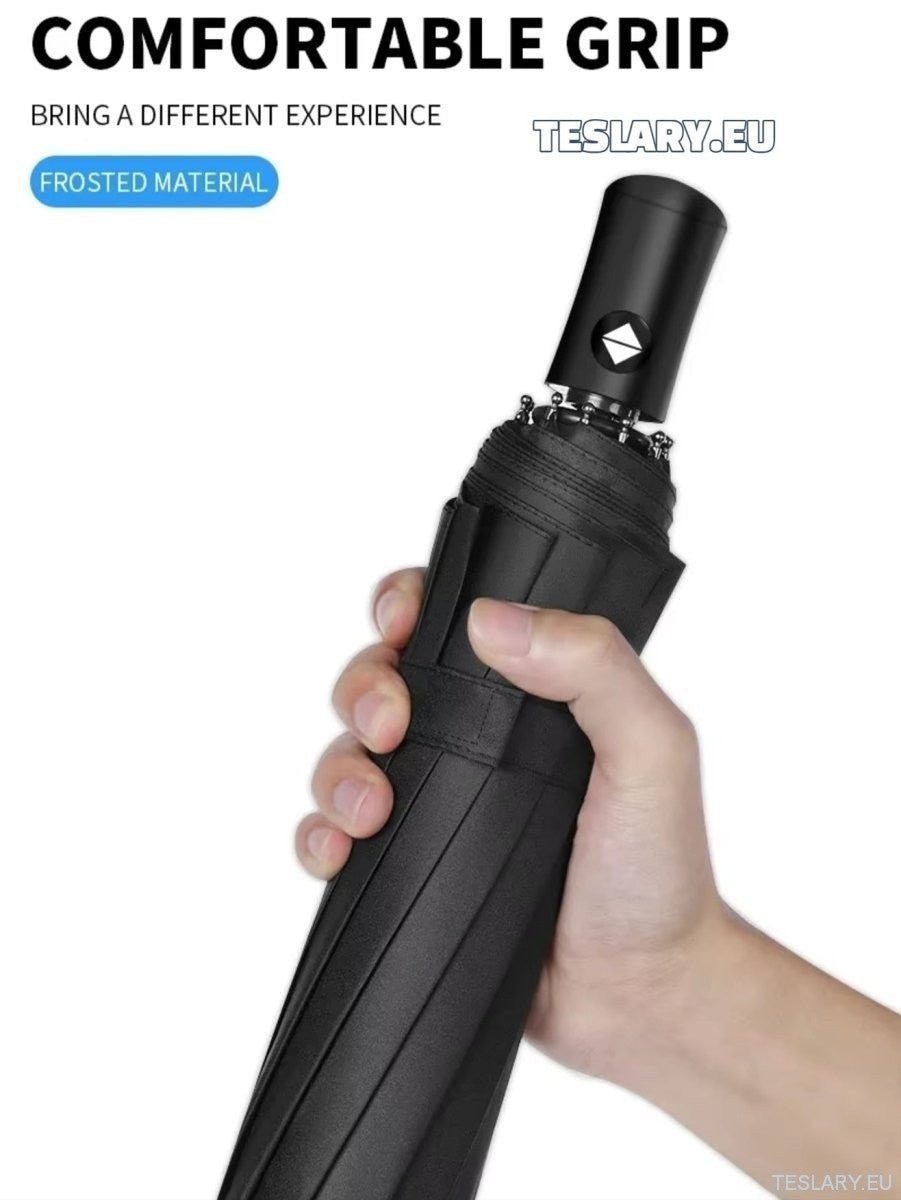 Black Wind & Rain Resistant Umbrella with Tesla Logo - TESLARY Tesla Shop Accessories Europe Nederlands Ireland Deutschland Espana Alicante France Italia