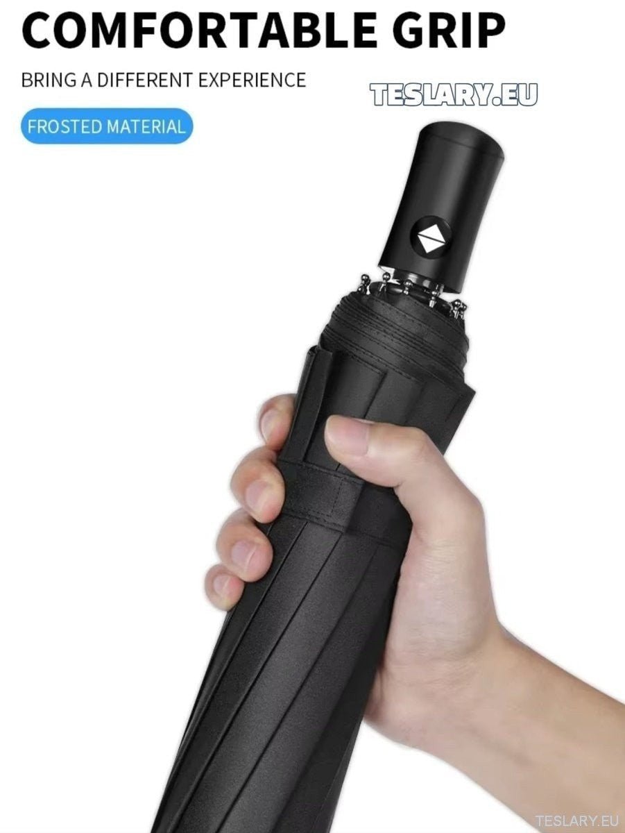 Black Wind & Rain Resistant Umbrella with Tesla Logo - TESLARY Tesla Shop Accessories Europe Nederlands Ireland Deutschland Espana Alicante France Italia