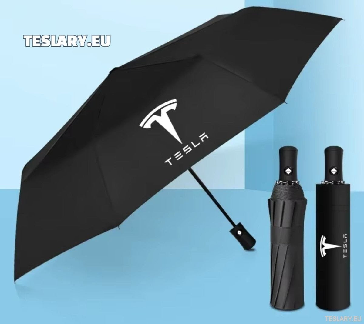 Black Wind & Rain Resistant Umbrella with Tesla Logo - TESLARY Tesla Shop Accessories Europe Nederlands Ireland Deutschland Espana Alicante France Italia