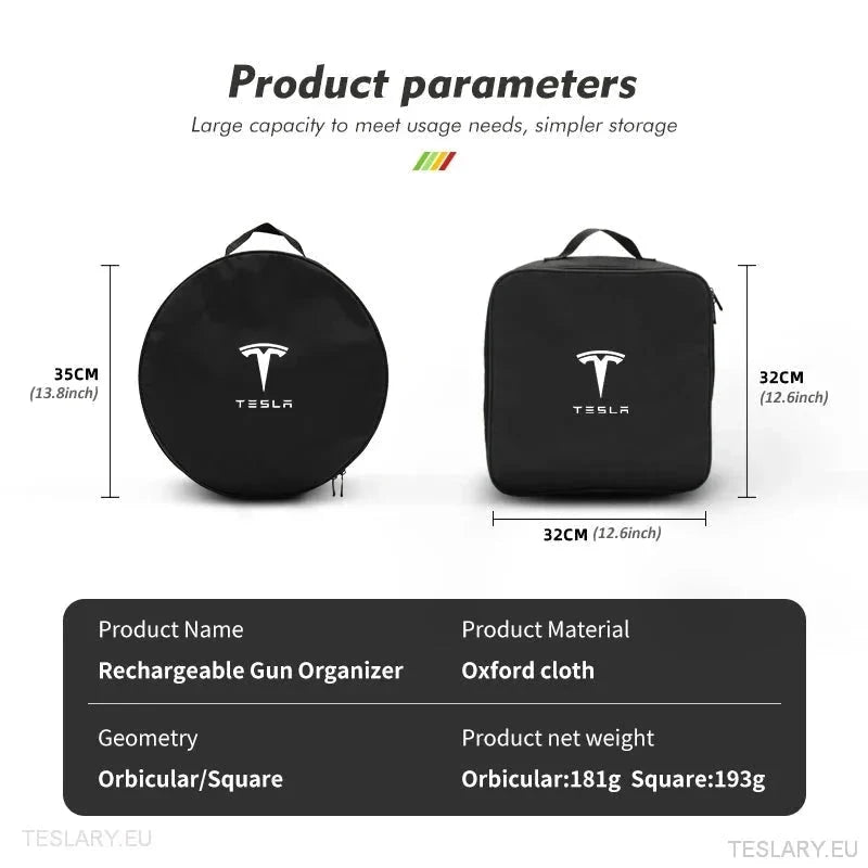 EV Cable Storage Bags Round & Square with Logo - TESLARY Tesla Shop Accessories Europe Nederlands Ireland Deutschland Espana Alicante France Italia