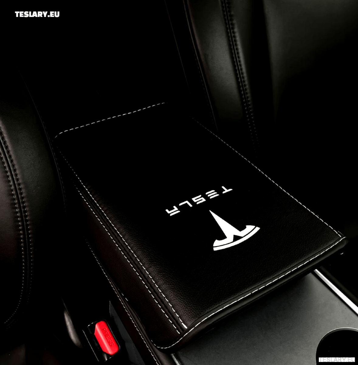 Tesla Model 3 / Y Centre Console PU Leather Armrest Cover with Logo - TESLARY Tesla Shop Accessories Europe Nederlands Ireland Deutschland Espana Alicante France Italia