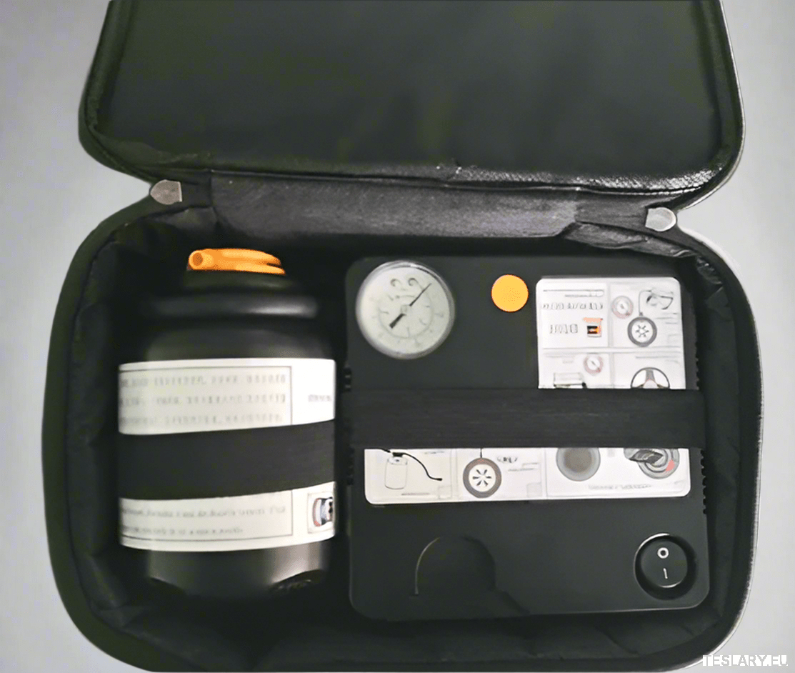 Tyre Puncture Repair Kit with Compressor and Storage Bag - TESLARY Tesla Shop Accessories Europe Nederlands Ireland Deutschland Espana Alicante France Italia