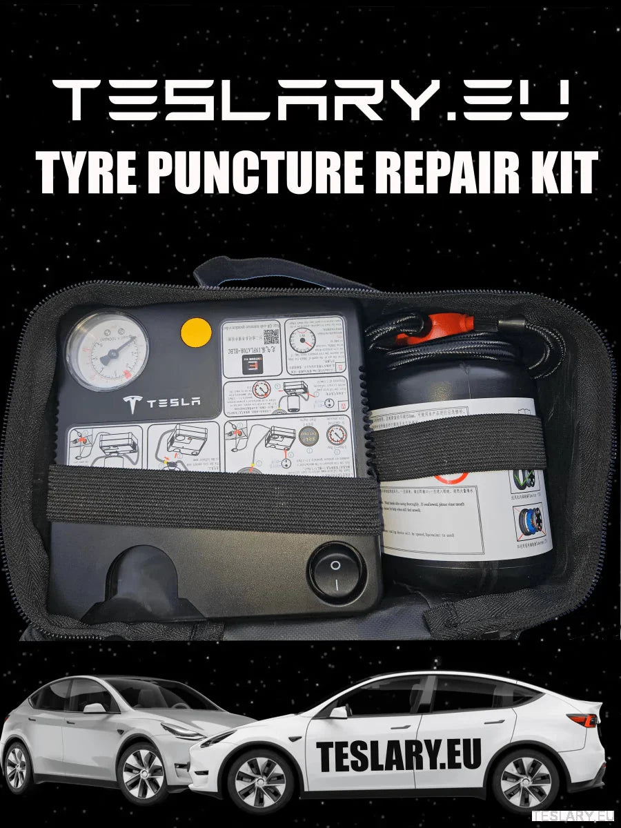 Tyre Puncture Repair Kit with Compressor and Storage Bag - TESLARY Tesla Shop Accessories Europe Nederlands Ireland Deutschland Espana Alicante France Italia