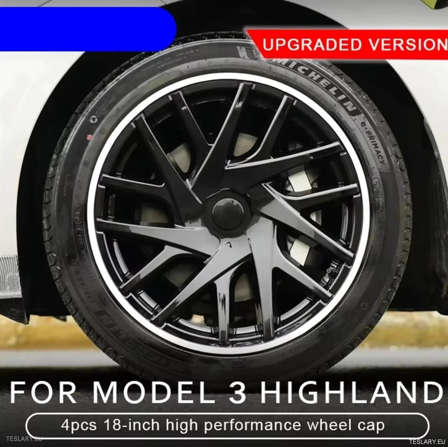 18" Tesla 3 Highland Full Rim Bright White / Black Wheel Cover