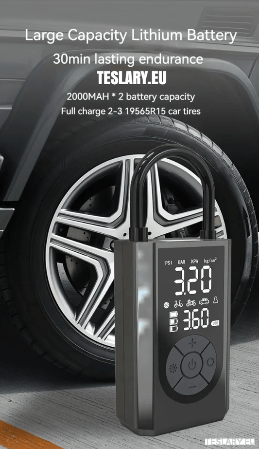 Portable Battery Powered Tyre Compressor for Tesla Model 3 Y S X - 2000Mah - TESLARY Tesla Shop Accessories Europe Nederlands Ireland Deutschland Espana Alicante France Italia