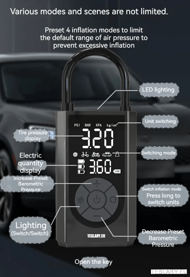 Portable Battery Powered Tyre Compressor for Tesla Model 3 Y S X - 2000Mah - TESLARY Tesla Shop Accessories Europe Nederlands Ireland Deutschland Espana Alicante France Italia