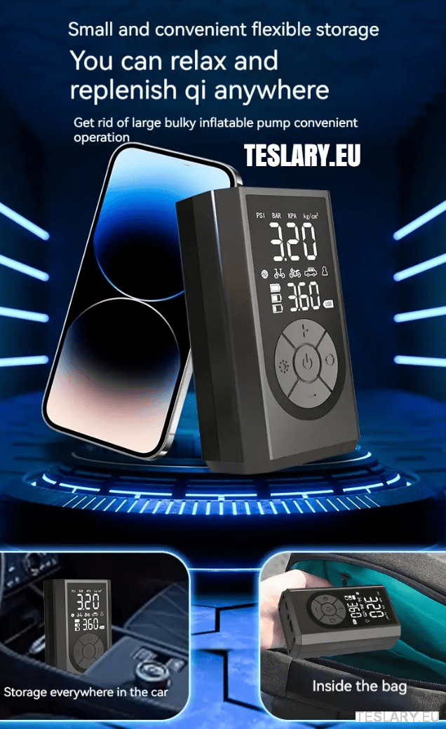Portable Battery Powered Tyre Compressor for Tesla Model 3 Y S X - 2000Mah - TESLARY Tesla Shop Accessories Europe Nederlands Ireland Deutschland Espana Alicante France Italia