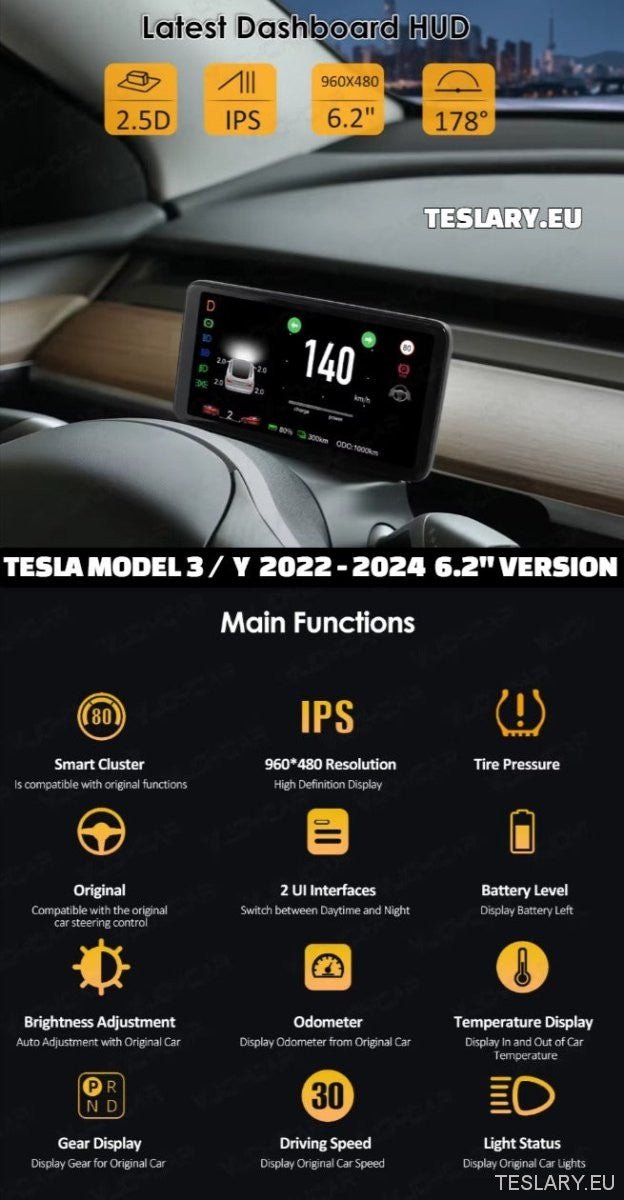 Tesla Model 3 / 3+ Highland & Model Y HUD Dash Instrument Cluster 6.2" / 4.6" Wide Speed Meter - TESLARY Tesla Shop Accessories Europe Nederlands Ireland Deutschland Espana Alicante France Italia