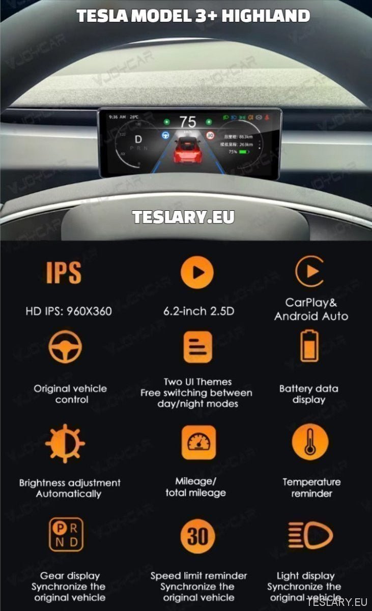 Tesla Model 3 / 3+ Highland & Model Y HUD Dash Instrument Cluster 6.2" / 4.6" Wide Speed Meter - TESLARY Tesla Shop Accessories Europe Nederlands Ireland Deutschland Espana Alicante France Italia