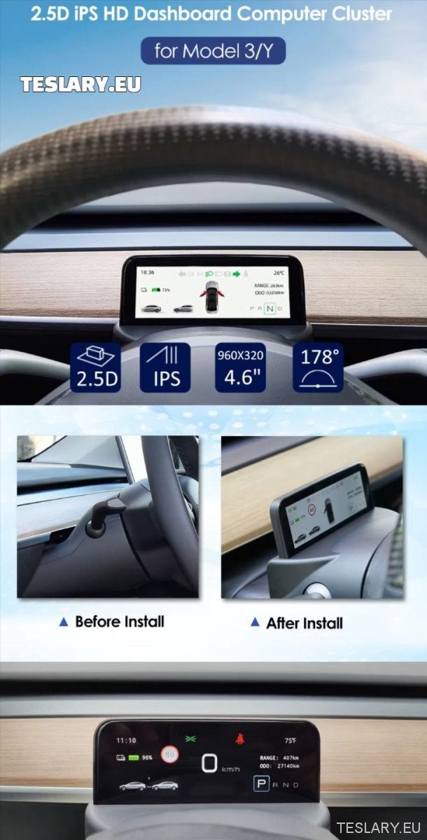 Tesla Model 3 / 3+ Highland & Model Y HUD Dash Instrument Cluster 6.2" / 4.6" Wide Speed Meter - TESLARY Tesla Shop Accessories Europe Nederlands Ireland Deutschland Espana Alicante France Italia