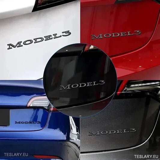 TESLA " MODEL 3 " REAR LOGO EMBLEM IN CHROME & BLACK - TESLARY Tesla Shop Accessories Europe Nederlands Ireland Deutschland Espana Alicante France Italia